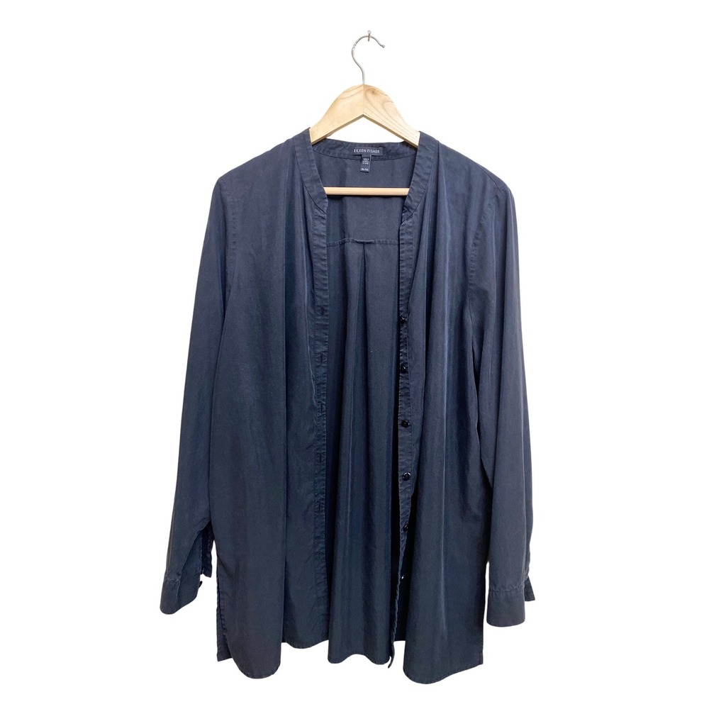 Eileen Fisher Navy‎ Tencel Lyocell Blend Mandarin Collar Button Down Tunic XL